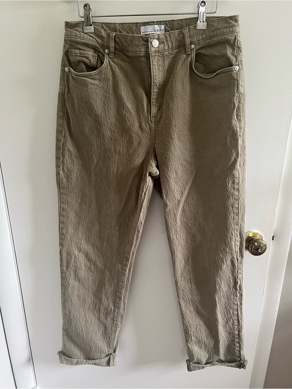 LOFT Straight Leg Cuffed Faded Olive Denim Pants Size 10 Tall